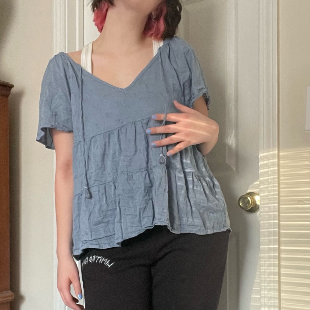 short-sleeve blue blouse